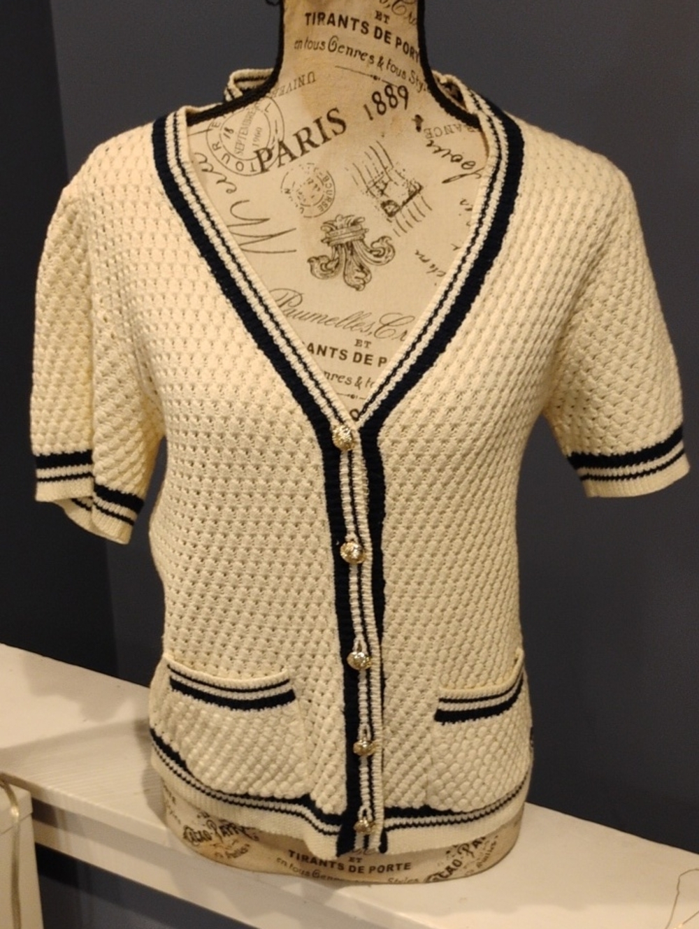 Heartloom Cream Knit Short-Sleeve Cardigan with Navy Trim